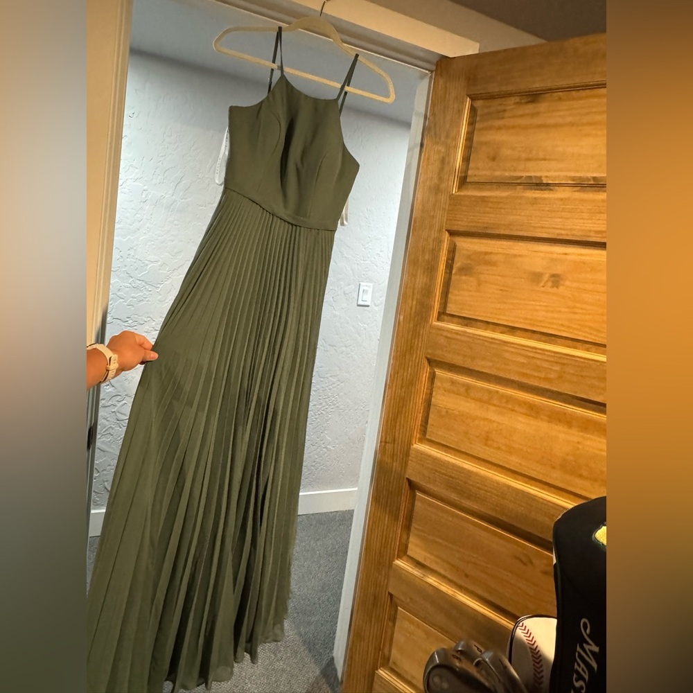 Azazie Olive Green Pleated Maxi Dress